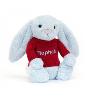 MEDIUM Jellycat Bashful Blue Bunny with Personalised Red Jumper 31 CM X 12 CM, Jellycat USA | RQ2685701