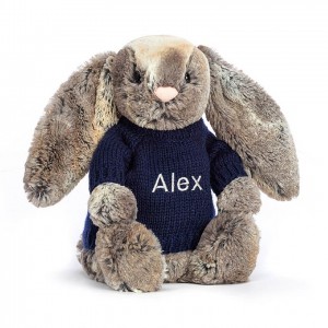 MEDIUM Jellycat Bashful Cottontail Bunny with Personalised Navy Jumper 31 CM X 12 CM, Jellycat USA | SB2541397