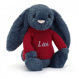MEDIUM Jellycat Bashful Navy Bunny with Personalised Red Jumper 31 CM X 12 CM, Jellycat USA | QB5429816