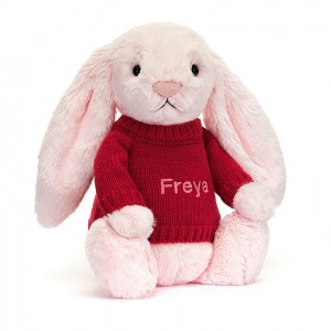 MEDIUM Jellycat Bashful Pink Bunny with Personalised Red Jumper 31 CM X 12 CM, Jellycat USA | KO6825071